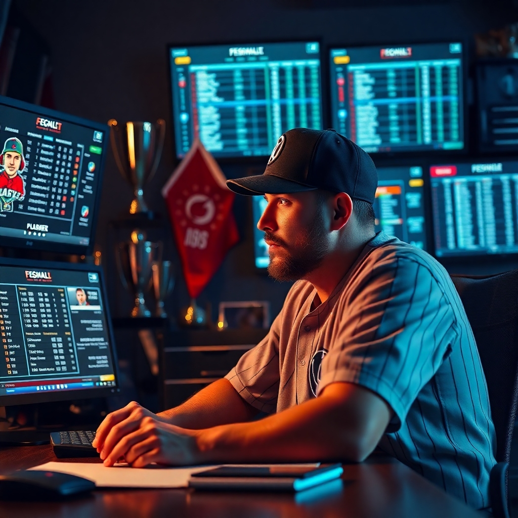 A fantasy baseball player deep in thought at a desk surrounded by multiple screens displaying player stats, team rosters, and injury reports. Include elements like trophies and pennants in the background, symbolizing competition and success.