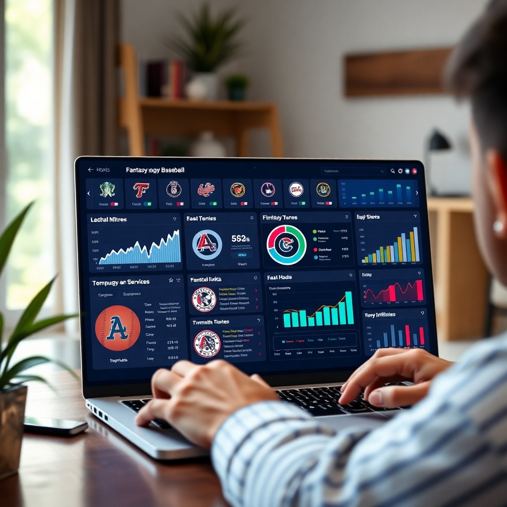 A modern digital dashboard with various fantasy baseball websites and resource links displayed on a bright, visually appealing interface. Include graphs, team logos, and analytics to depict competitive insight. A user interacting with the dashboard on a laptop in a home setting.