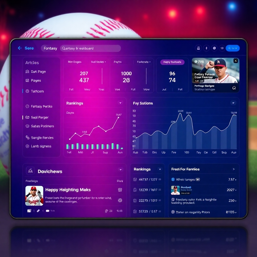 A sleek digital dashboard interface displaying a variety of fantasy baseball statistics, articles, and rankings. Include visual elements like graphs, player images, and headline news, set against a background of a baseball-themed design with vivid colors.