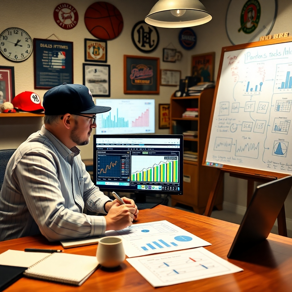 A split-screen image featuring a fantasy baseball analyst in a professional setting discussing strategies, with a laptop displaying detailed graphs and player analysis. Include elements like baseball memorabilia in the background and a whiteboard filled with strategies.