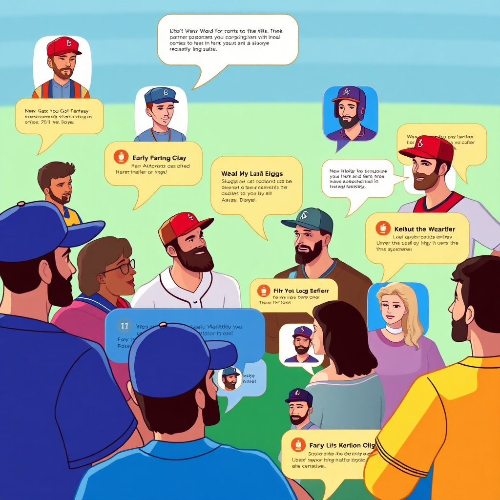 A vibrant community forum layout with diverse avatars representing various users discussing fantasy baseball. Show a blend of expert advice and casual chat, with speech bubbles featuring player images and statistics, set in a friendly, inviting atmosphere.