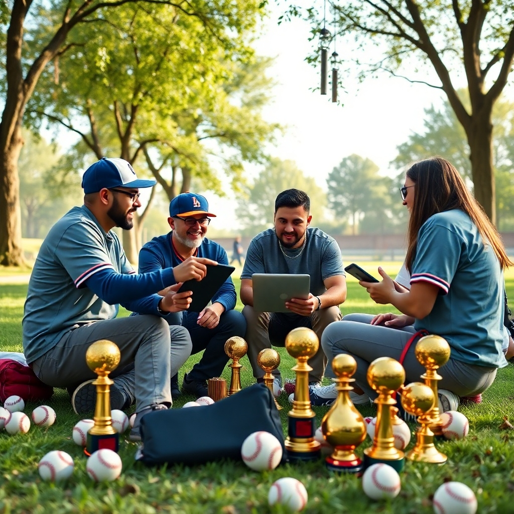 A vibrant fantasy baseball community meeting in a park, discussing strategies and tips over laptops and tablets. Capture diverse individuals animatedly sharing ideas, with baseballs and league trophies scattered around, symbolizing teamwork and camaraderie.