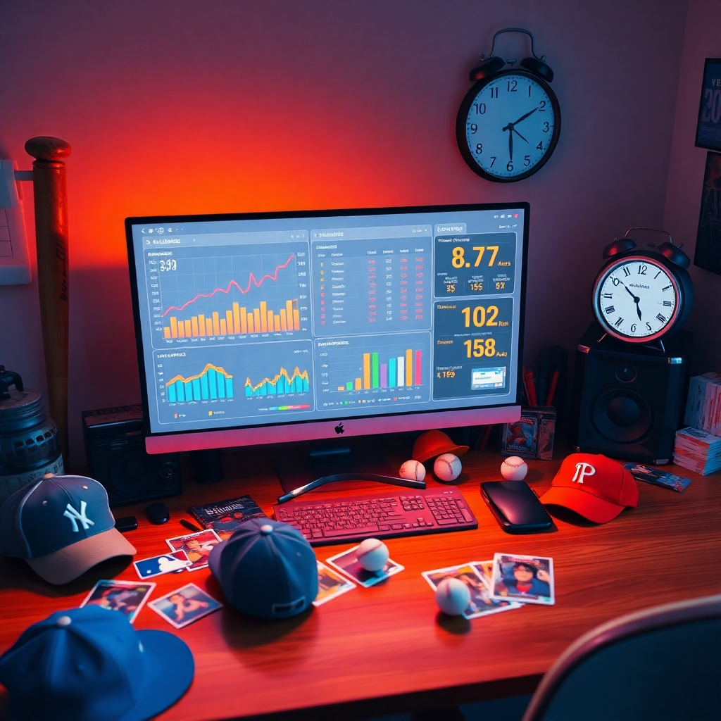 Create a photorealistic header image showcasing a fantasy baseball league dashboard. The central focus should be on a high-tech computer screen displaying vibrant graphs, player stats, and team rosters, surrounded by scattered baseball memorabilia like caps, balls, and trading cards. The lighting should be bright yet soft, evoking a sense of excitement and anticipation, with warm tones of orange and blue to represent the thrill of the game. Position the camera at a slight angle above the desk, capturing a top-down perspective that includes both the screen and the memorabilia. Textured materials like wood for the desk and glossy finishes on the screen should add depth to the scene. Include subtle elements like a baseball bat against the wall and a clock ticking in the background to create an inviting yet competitive atmosphere. The style should lean towards hyperrealistic, aiming for 8K resolution to ensure every detail is crisp and engaging., ultra high resolution, photorealistic, 8K, hyperdetailed, cinematic lighting