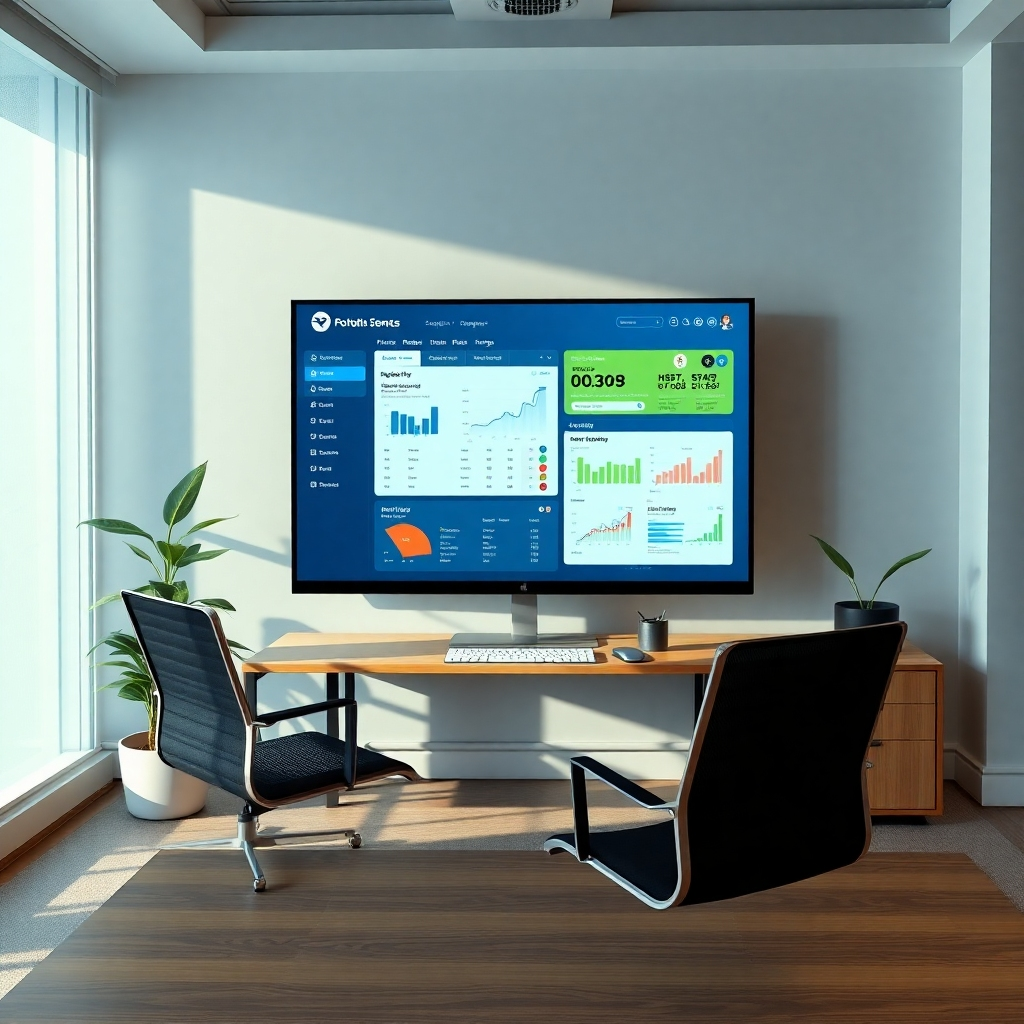 Create a photorealistic image of a high-tech, modern workspace featuring a large digital screen displaying a sleek, interactive dashboard of fantasy baseball resources. The room should be well-lit with soft diffused lighting, casting gentle shadows that create a calm atmosphere. The color palette should include shades of blue and green, evoking a sense of trust and reliability. The camera angle should be positioned slightly above eye level to capture both the workspace and the screen in detail. Include textures of polished wood for the desk and a green plant in the corner for added life and texture. Detail the screen showing charts, graphs, and website links, with a clean and user-friendly interface. The environment should suggest a contemporary office with a minimalistic design. Style the image to have an ultra-detailed, hyperrealistic appearance in 8K resolution, emphasizing clarity and vibrancy.