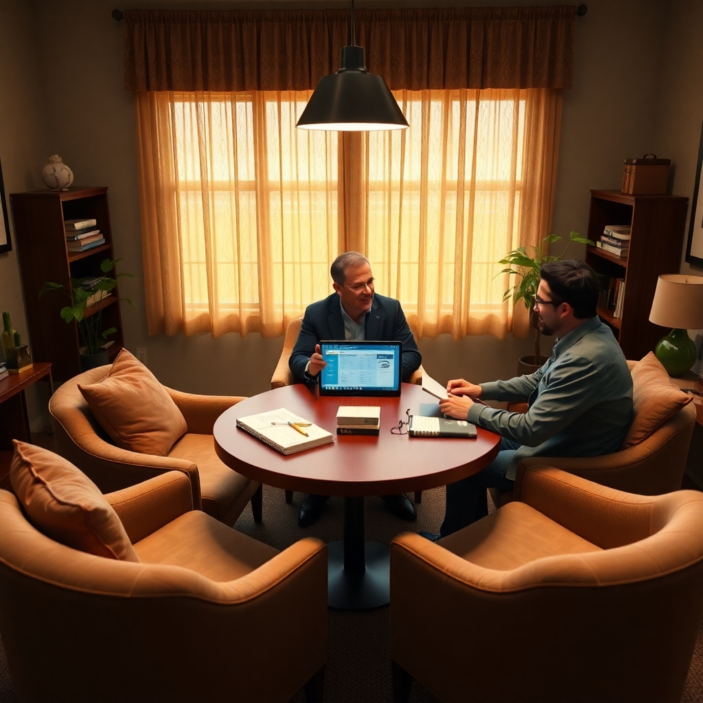 Design a cozy, inviting office scene representing an expert giving personalized advice. Capture the moment with warm, inviting lighting that creates a friendly and supportive atmosphere. The palette should consist of soft earthy tones—browns, greens, and creams to evoke a sense of comfort. View the scene from a slightly elevated angle that includes a round table where the expert and a client are discussing strategy. Surround the table with plush chairs, adding a texture contrast of soft fabrics against the smooth wooden surface. Include props like baseball-related books, notebooks filled with notes, and a laptop displaying fantasy baseball insights. The image should convey a sense of trust and guidance and be styled in an ultra-high-quality, hyperrealistic manner with 8K resolution for maximum detail.