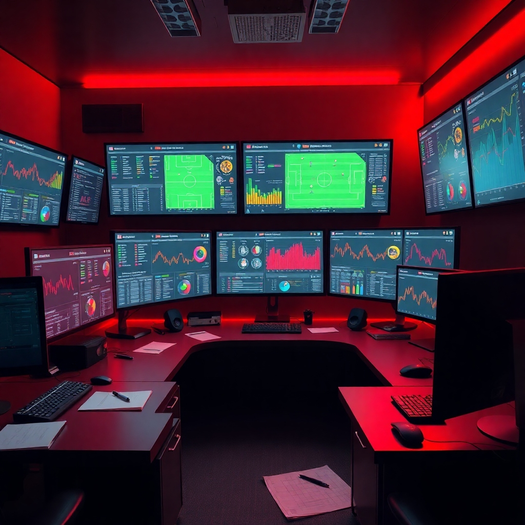 Illustrate a well-organized analytical workspace filled with multiple screens showcasing player statistics, graphs, and team strategies. The atmosphere should be illuminated with dramatic side lighting highlighting the screens while keeping the surrounding area slightly dimmer for contrast. Use a color palette of deep reds and metallic greys to create a serious, analytical mood. Position the view from a low angle to make the screens appear dominant in the composition. Textures should reflect high-quality materials, with a sleek matte finish on the desks and glossy surfaces on the screens. Integrate environmental elements like notepads and pens scattered around to suggest active engagement. The art style should be photorealistic, with hyper-detailed rendering in 8K resolution, focusing on sharpness and intricate details.